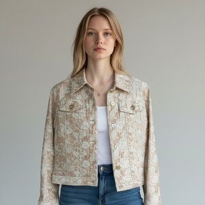 Vintage Ruby Rd. Beige and Gold Floral Print Jacket, Size 4P